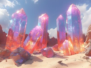 A surreal iridescent desert landscape with cinematic holographic effects and crystal structures