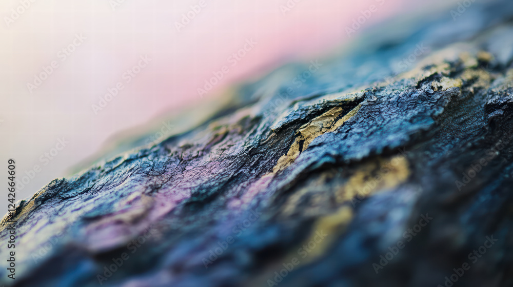Poster close up of textured tree bark with soft focus background, showcasing intricate patterns and colors 