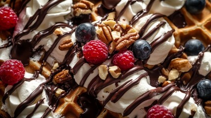 Waffle Dessert with Chocolate Drizzle, Berries, and Nuts Close-Up