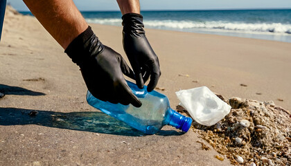 Gloved hand picking up a broken clear plastic water bottle from sandy beach on a sunny day. Environmental cleanup, pollution awareness, and recycling concept with ocean waves blurred in the background