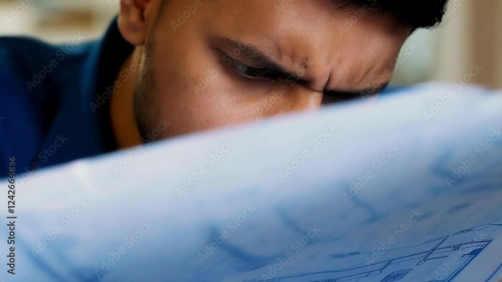 Poster focused architect meticulously examines blueprint, scrutinizing every detail to ensure accuracy and 