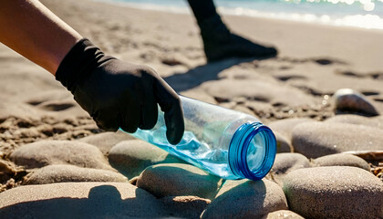 Gloved hand picking up a broken clear plastic water bottle from sandy beach on a sunny day. Environmental cleanup, pollution awareness, and recycling concept with ocean waves blurred in the background