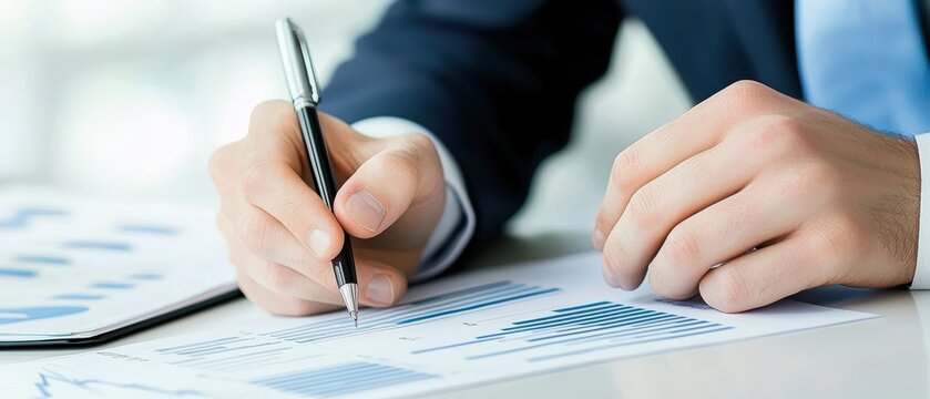 A professional analyzing data on a document, using a pen to make notes, while seated at a desk with charts and graphs in view.