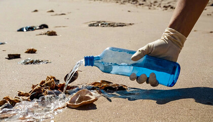 Gloved hand picking up a broken clear plastic water bottle from sandy beach on a sunny day. Environmental cleanup, pollution awareness, and recycling concept with ocean waves blurred in the background