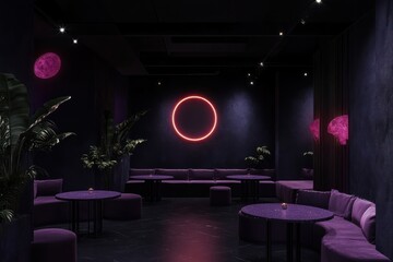 Dark Lounge Bar Neon Circle Night Interior Design