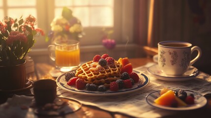 Cozy Breakfast Scene with Waffles and Fresh Fruit on a Table