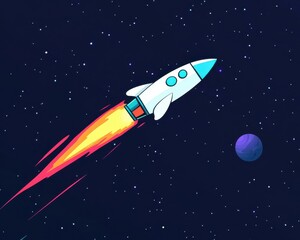 Retro Rocket Ship Launching Into Outer Space with Colorful Flames