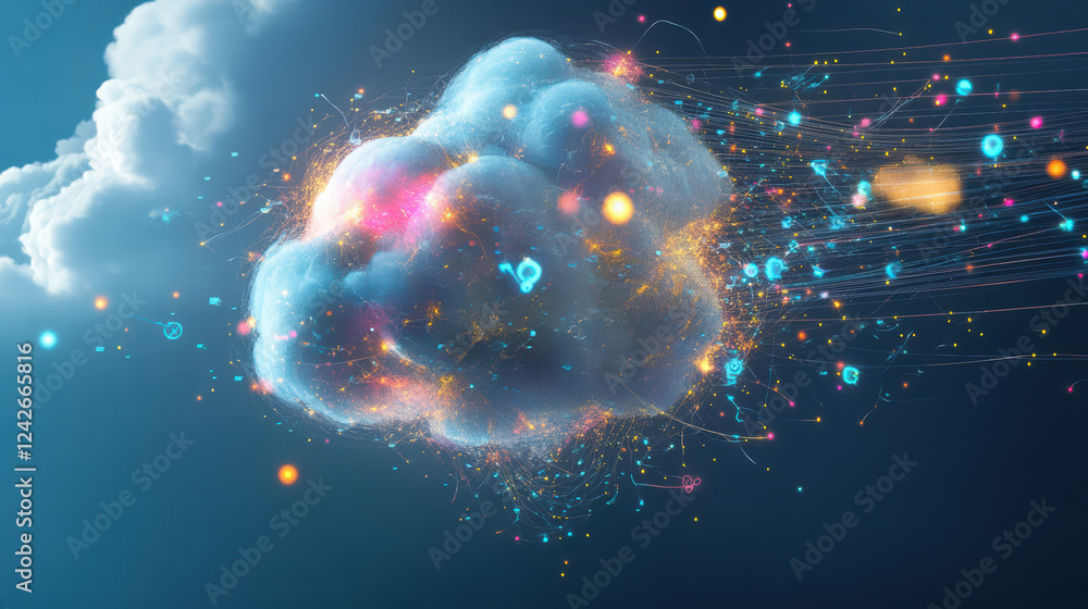 Poster digital cloud with colorful particles and glowing elements, representing technology and innovation, 