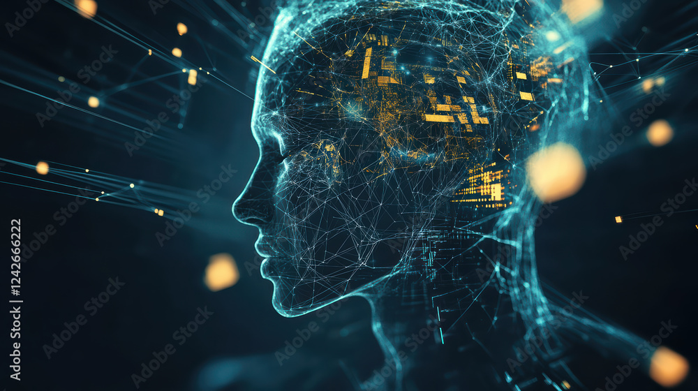 Poster dynamic abstract art illustrating synergy between technology and human intelligence, showcasing digi