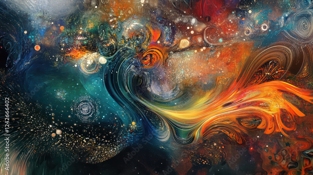 Poster dynamic abstract art representing integration of colors and cosmic elements, showcasing vibrant swir