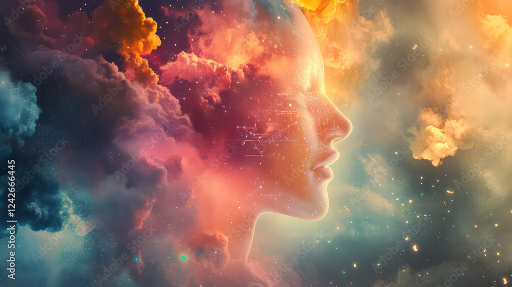 Poster dynamic representation of cloud technology and machine learning, showcasing serene face emerging fro