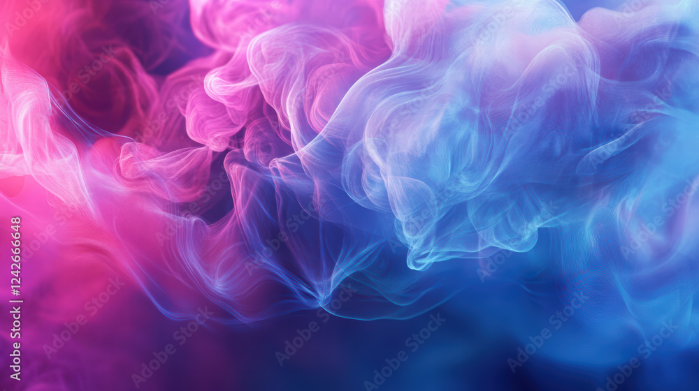 Poster dynamic representation of colorful smoke in shades of pink and blue, creating ethereal and abstract 