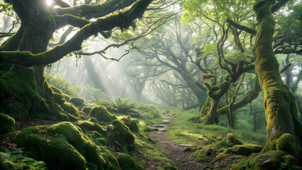 Mystical forest trail with lush greenery and sunlight filtering through trees