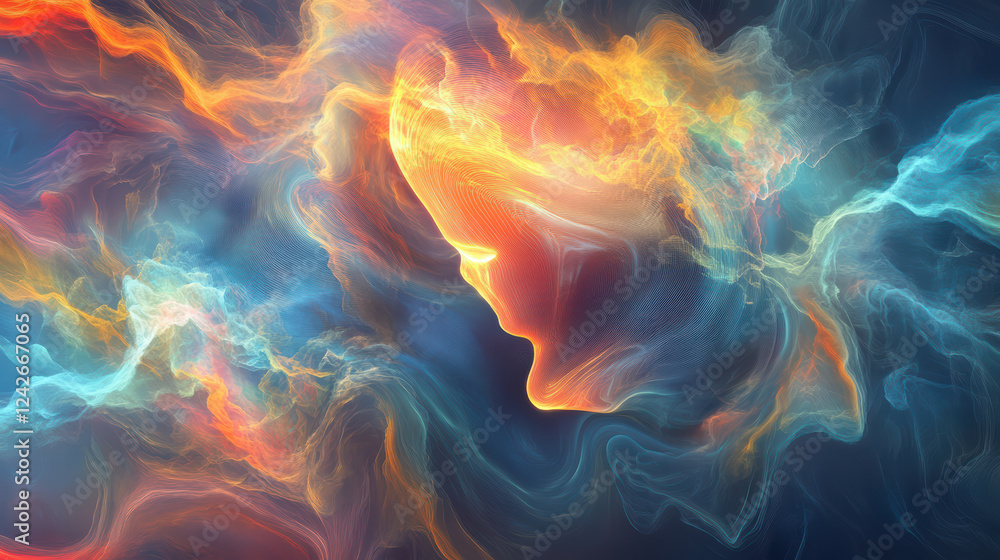 Poster dynamic visualization of abstract ai and cloud technology with vibrant colors and flowing shapes, ev