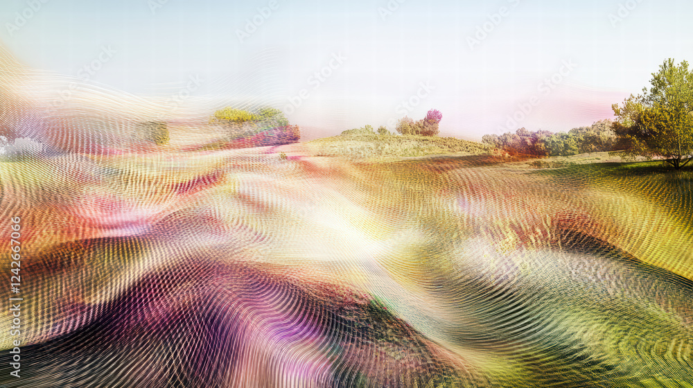 Poster dynamic representation of colorful landscape with flowing patterns and textures, showcasing beauty o