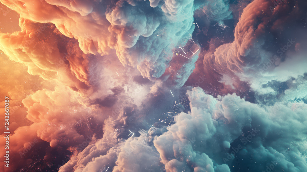 Poster dynamic visualization of clouds in vibrant colors, showcasing cosmic atmosphere filled with swirling