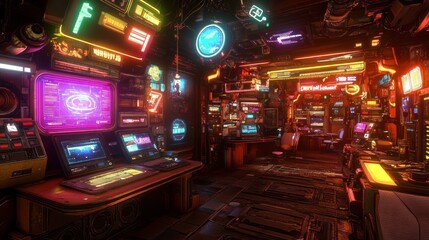 Cyberpunk Cityscape: Neon-Drenched Futuristic Control Room
