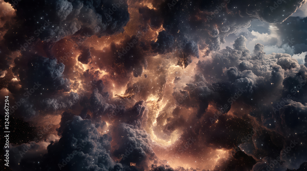 Poster stunning cosmic scene featuring swirling clouds of gas and dust illuminated by distant stars, creati