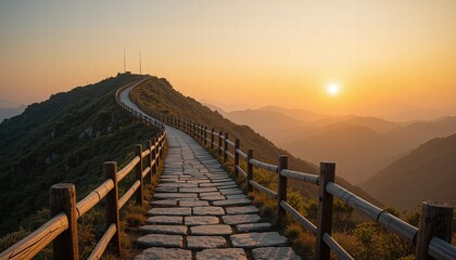 Fototapeta premium Sunset over a mountain landscape with a scenic rural path