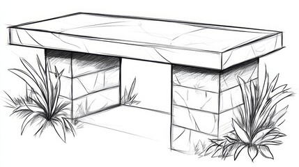 Stone Bench Design Sketch with Landscaping Plants