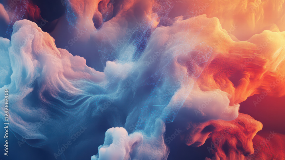 Poster dynamic visualization of cloud technology and machine learning, showcasing vibrant colors and abstra