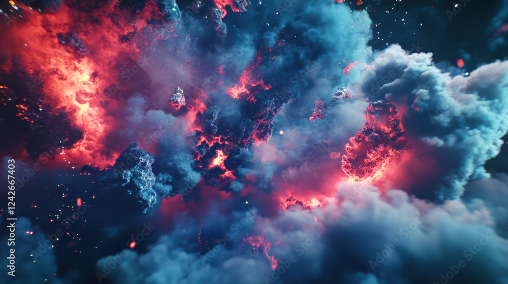 Poster dynamic visualization of vibrant clouds in cosmic environment, showcasing fiery colors and ethereal 