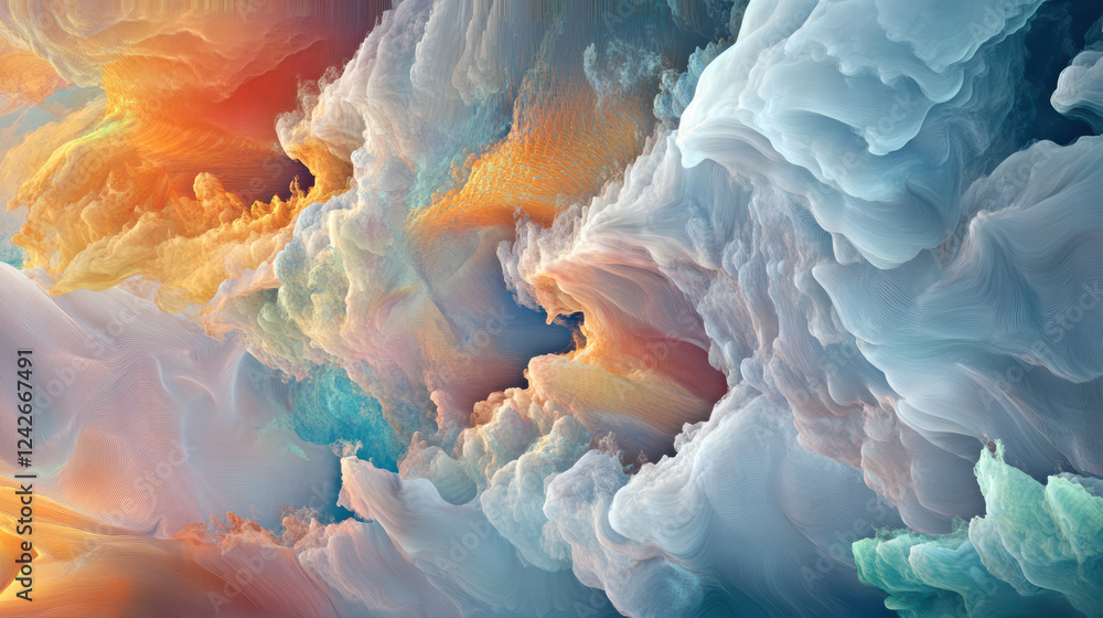 Poster dynamic visualization of colorful cloud formations and abstract textures, showcasing vibrant hues an