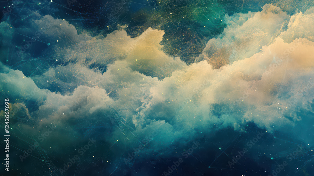 Poster ethereal background featuring abstract clouds and cosmic elements, creating dreamy atmosphere with s