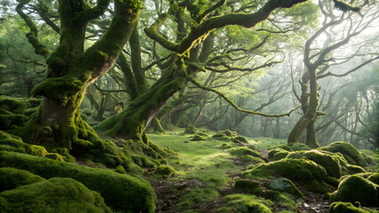 Mystical Mossy Forest with Twisted Trees and Sunlit Canopy