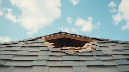 Roof Damage: A gaping hole reveals structural damage in a gray shingle roof against a vibrant blue sky. The image conveys a sense of urgency and the need for repair.