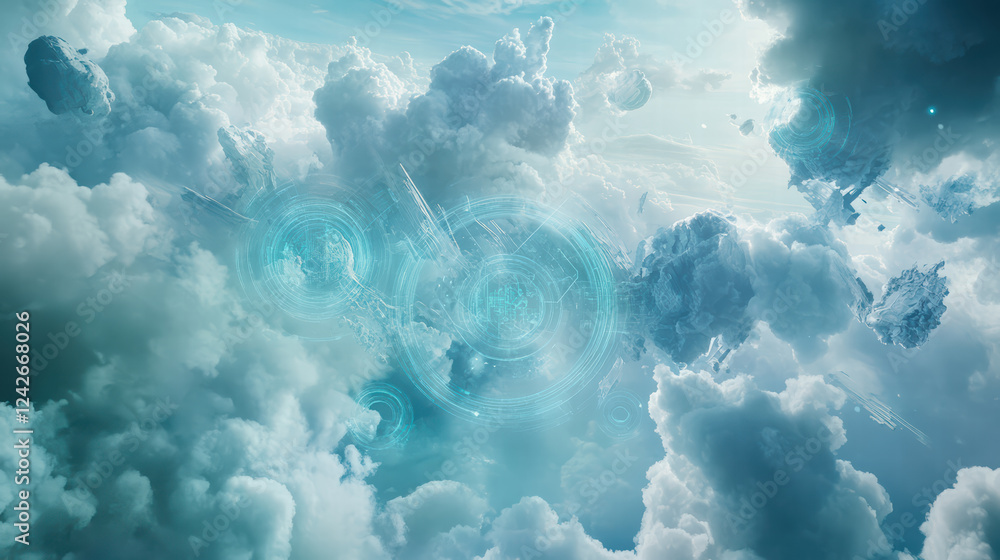 Poster ethereal clouds with digital overlays create surreal atmosphere, blending technology and nature. thi