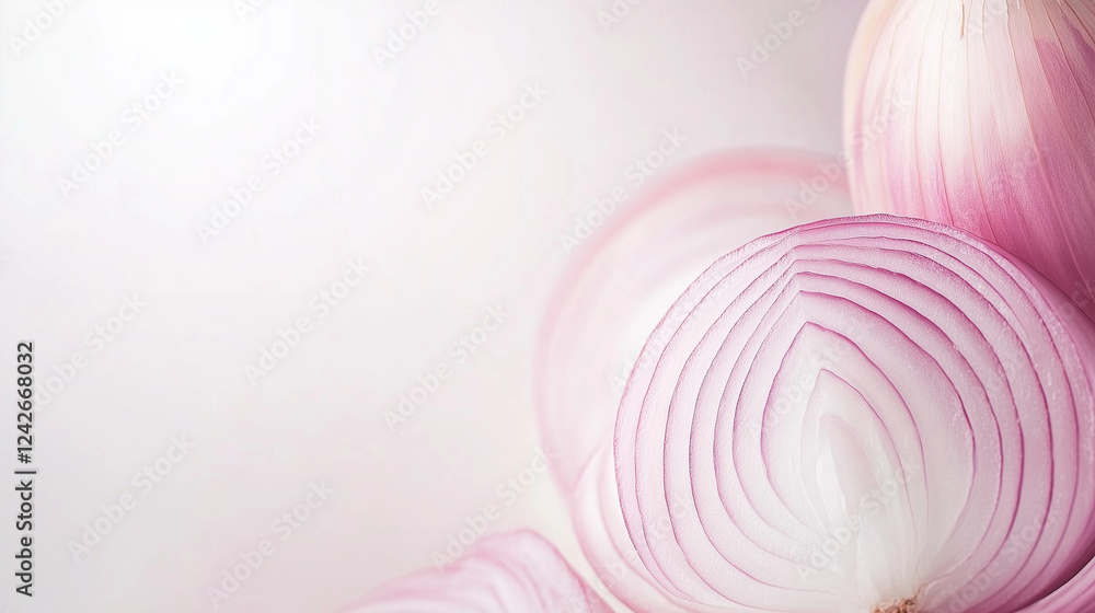 Poster red onion slices: close-up, delicate image showcasing the intricate layers and vibrant pink hues of 