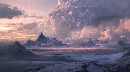 Ethereal digital landscape showcasing majestic mountains and clouds, illuminated by soft glow. scene evokes sense of wonder and tranquility, blending nature with digital elements