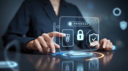 businessman pressing the virtual button MFA, multi-factor authentication. cloud computing concept, cloud technology, Saas, Paas, Iaas. AWS Services  