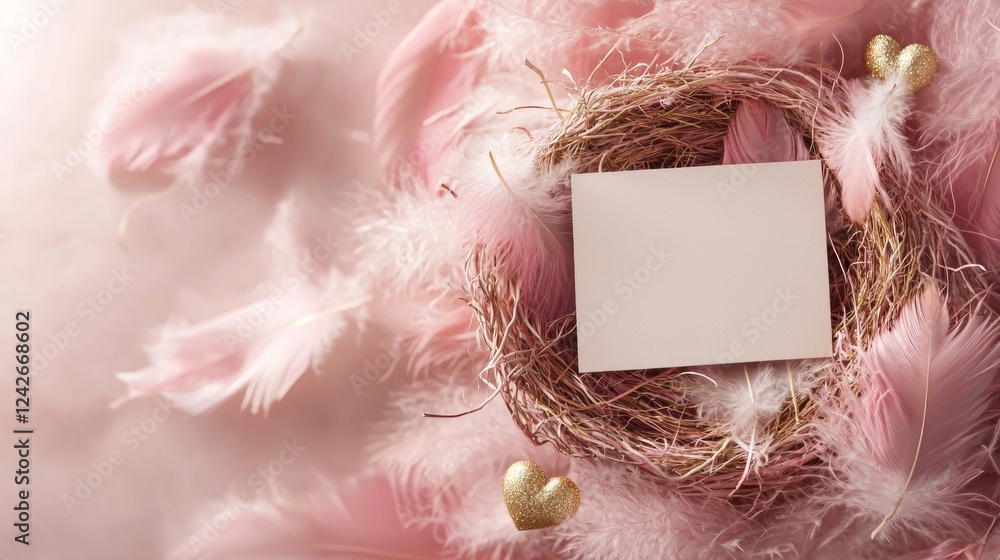 Poster valentine mockup card and heart background minimal. ethereal nest of feathers with blank card and go