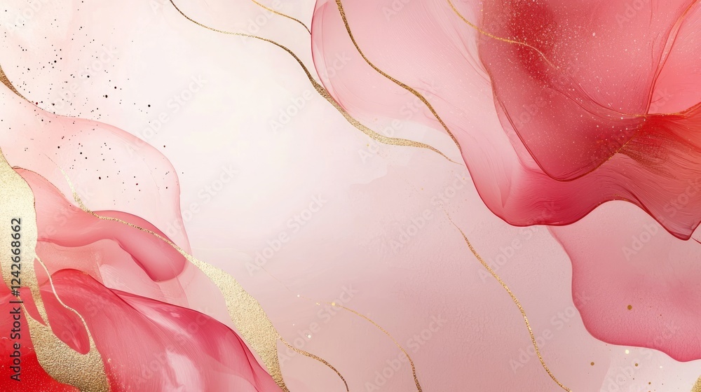 Poster valentine mockup card and heart background minimal. ethereal red and golden ink flow background desi