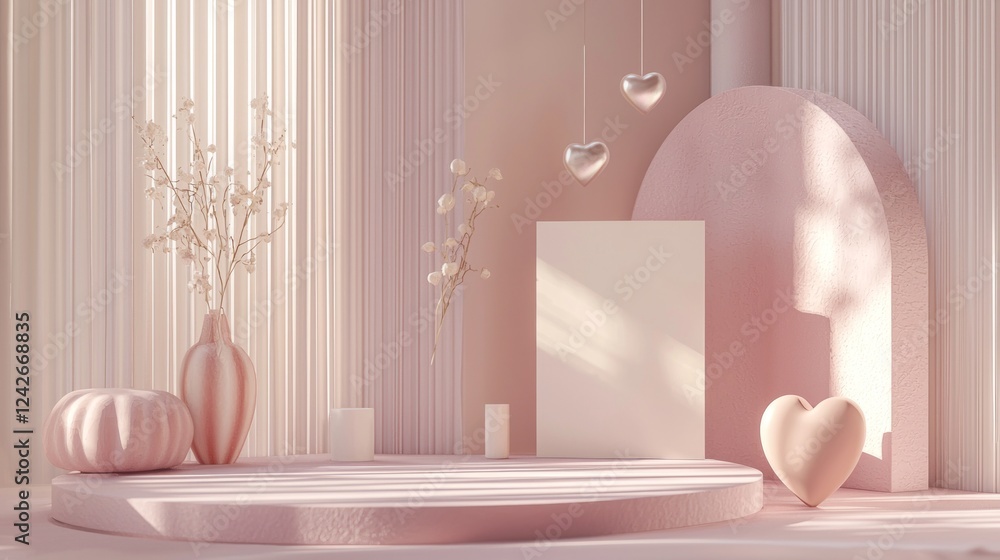 Poster valentine mockup card and heart background minimal. ethereal serenity soft pink stage with minimalis