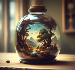Illustration of fantasy landscape inside glass jar.