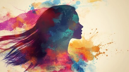 Obraz premium A woman silhouette blending into colorful splashes of paint, with a mixture of pastel and bold hues swirling around her