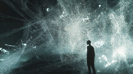 Obraz premium person standing in ethereal visualization of interconnected networks, surrounded by glowing lines and particles, creating sense of wonder and exploration