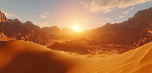 Naklejka premium A breathtaking desert scene with rolling dunes and the sun setting in the background