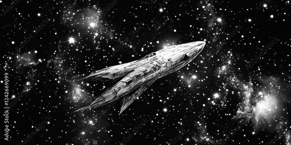 Poster spaceship soaring through a starry galaxy