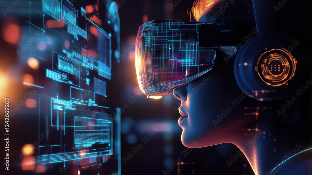 Poster immersive virtual reality experience with futuristic technology and digital interface. user engages 
