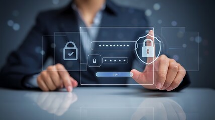 Fototapeta premium businessman pressing the virtual button MFA, multi-factor authentication. cloud computing concept, cloud technology, Saas, Paas, Iaas. AWS Services 