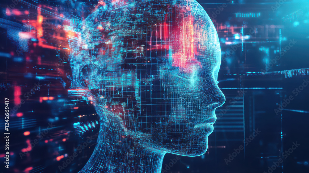 Poster futuristic digital head with glowing data streams and holographic elements, representing advanced te