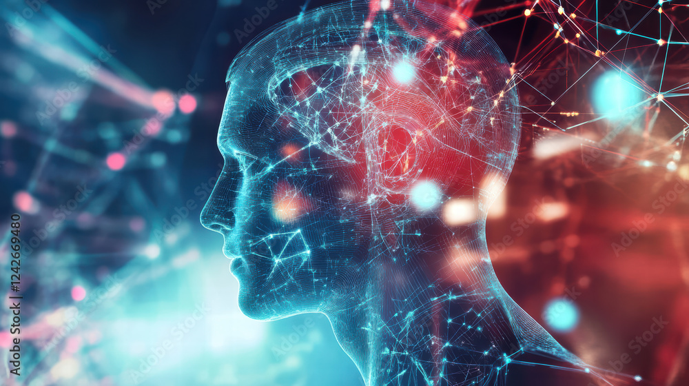 Poster futuristic concept art depicting digital human head with neural connections and glowing data points,
