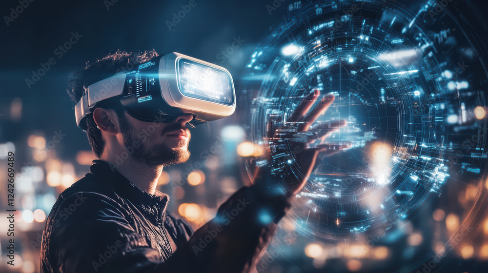 Poster immersive virtual reality experience with man wearing headset, interacting with digital interface. f