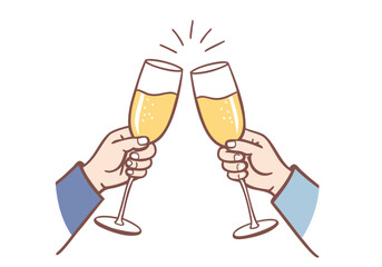 Human hands of couple clinking glasses with sparkling wine celebrating. Hand drawn style vector design illustrations.
