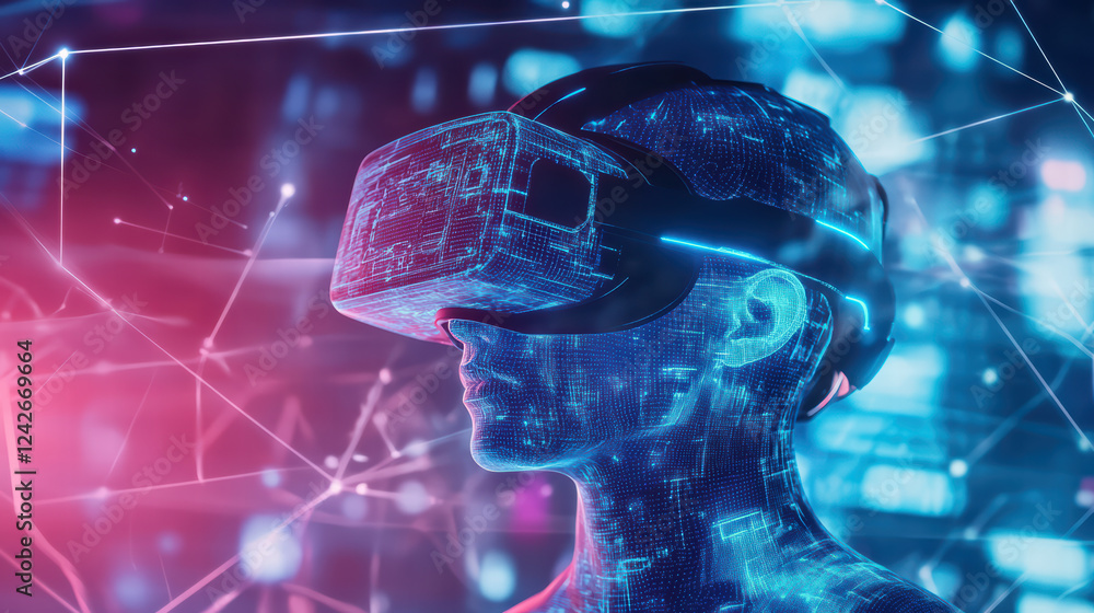 Poster immersive virtual reality experience with digital avatar wearing headset, surrounded by glowing data
