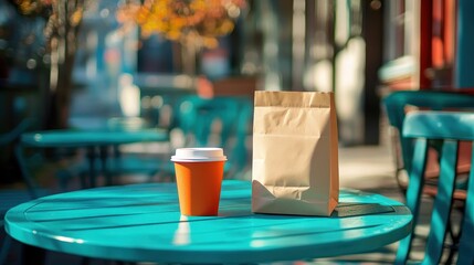 Neatly Folded Paper Bag and Coffee Cup on Bright Table
